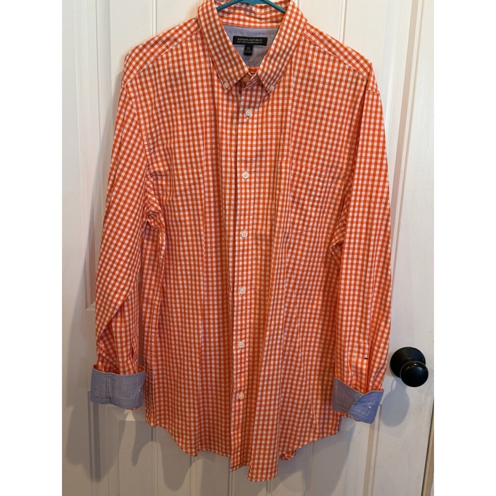 Banana Republic Men’s XL Orange White Gingham Shirt Tailored Slim Fit Flip Cuff